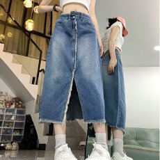 批发设计感小众开叉高腰牛仔半身裙女夏梨形身材遮胯中长款a字包臀裙