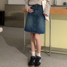 批发大码复古做旧牛仔裙中裙女春夏高腰显瘦少女感梨形穿搭a字半身裙