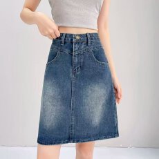 批发大码复古做旧牛仔裙中裙女春夏高腰显瘦少女感梨形穿搭a字半身裙