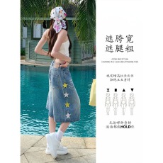 批发牛仔七分裤<b class='q'>男</b>美式复古破洞星星印花中裤宽松水洗阔腿<b class='q'>短裤</b>日系新款