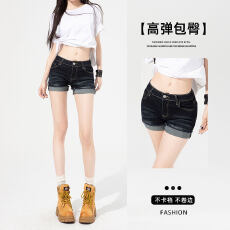 批发深蓝色<b class='q'>牛仔</b><b class='q'>短裤</b>女夏季薄款大码胖mm显瘦梨形身材弹力<b class='q'>高腰</b>a字热裤