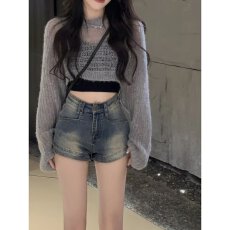 批发大码女装复古<b class='q'>牛仔</b><b class='q'>短裤</b>女夏季胖mm<b class='q'>高腰</b>弹力a字显腿长美式辣妹热裤