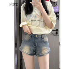 批发美式复古小个子<b class='q'>牛仔</b><b class='q'>短裤</b>女夏薄款<b class='q'>高腰</b>弹力显瘦a字辣妹直筒阔腿裤