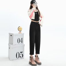 批发黑色休闲裤女新款春秋季牛仔裤子宽松显瘦高腰弹力夏款哈伦裤