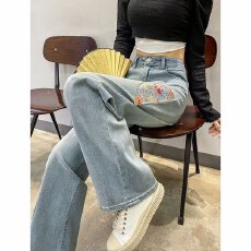 批发新国风刺绣微弹春夏季新款高腰窄版直筒阔腿裤牛仔女百搭显瘦
