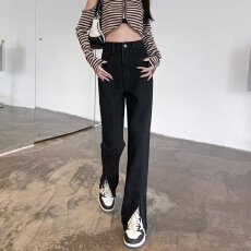 批发黑色牛仔裤女春秋高腰显瘦直筒裤新款女士大码弹力修身烟管裤