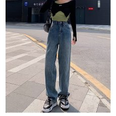 批发复古大码直筒牛仔裤女胖妹妹mm新款百搭高腰宽松显瘦垂感阔腿裤子