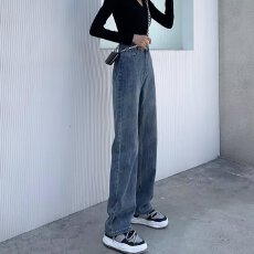批发复古蓝色窄版直筒牛仔裤女春秋新款裤子高腰宽松阔腿裤长裤