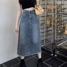 批发高腰<b class='q'>复古</b>牛仔半身裙子女夏季设计感小众大码后开叉中长款A字半裙