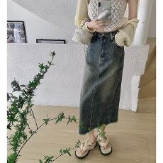 批发<b class='q'>复古</b>牛仔半身裙女大码新款春秋季中长款高腰显瘦后开叉a字裙子