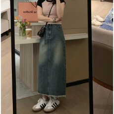批发<b class='q'>复古</b>牛仔半身裙女大码新款春秋季中长款高腰显瘦后开叉a字裙子