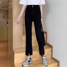 批发开叉黑色牛仔<b class='q'>裤</b>女<b class='q'>大码</b>春秋季显瘦高腰微喇叭直筒宽松拖地阔腿<b class='q'>裤</b>子