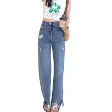 批发毛边牛仔微喇裤女秋季新款<b class='q'>弹力</b>高腰修身显瘦bf百搭蓝色长裤