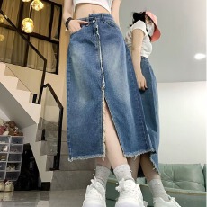 批发高腰开叉<b class='q'>牛仔</b>裙女春秋装新款设计感中长款遮胯包臀a字半身裙