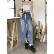 批发高腰开叉<b class='q'>牛仔</b>裙女春秋装新款设计感中长款遮胯包臀a字半身裙
