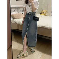 批发高腰开叉<b class='q'>牛仔</b>裙女春秋装新款设计感中长款遮胯包臀a字半身裙