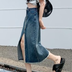 批发高腰开叉<b class='q'>牛仔</b>裙女春秋装新款设计感中长款遮胯包臀a字半身裙
