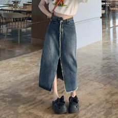 批发高腰开叉<b class='q'>牛仔</b>半身裙女春夏A字裙包臀半裙小个子梨形长裙薄款