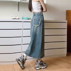 批发秋冬秋季高腰开叉牛仔半身裙女设计感新款<b class='q'>复古</b>a字裙包臀<b class='q'>长裙</b>