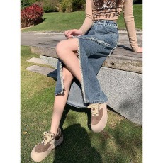 批发夏季高腰开叉牛仔半身裙女设计感小众新款<b class='q'>复古</b>a字裙包臀<b class='q'>长裙</b>