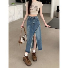 批发夏季高腰开叉牛仔半身裙女设计感小众新款<b class='q'>复古</b>a字裙包臀<b class='q'>长裙</b>