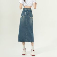 批发牛仔半身裙女网红ins潮开叉毛边a字直筒<b class='q'>复古</b>高腰不规则包臀中<b class='q'>长裙</b>