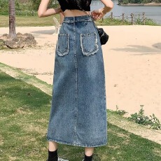 批发夏季高腰开叉牛仔半身裙女设计感小众新款<b class='q'>复古</b>a字裙包臀<b class='q'>长裙</b>
