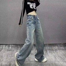 批发设计感牛仔裤女美式遮肉怀旧长裤早秋高腰阔腿复古直筒裤拖地裤子