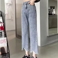 批发春<b class='q'>秋</b>季ins复古毛边牛仔裤女潮牌韩版宽松学生直筒水洗阔腿休闲裤