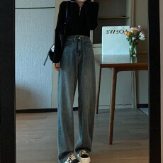 批发高腰阔腿直筒牛仔裤女春<b class='q'>秋</b>季垂感显瘦马蹄裤宽松拖地长裤子