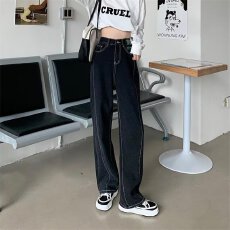 批发美式质感黑窄版阔腿牛仔裤女早<b class='q'>秋</b>款显瘦高腰设计感直筒拖地裤