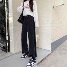批发高腰黑色阔腿牛仔裤女显瘦宽松新款春季小个子垂感直筒拖地裤