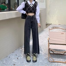 批发高腰黑色阔腿牛仔裤女显瘦宽松新款春季小个子垂感直筒拖地裤