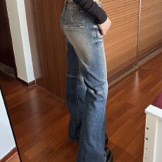 批发复古美式微喇牛仔裤女初<b class='q'>秋</b>新款毛边修身刺绣高腰拖地垂感喇叭裤子