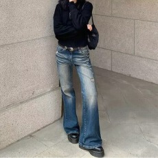 批发美式复古低腰微喇叭牛仔裤女春<b class='q'>秋</b>大码胖mm宽松显瘦拖地喇叭裤子潮