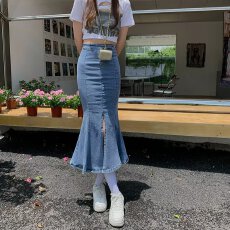 批发高腰牛仔鱼尾裙半身裙女春季a字裙荷叶包臂中长款辣妹气质裙百搭
