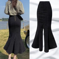 批发小个子<b class='q'>牛仔</b>裙女春季新款设计感荷叶边包臀鱼尾裙中长款开叉半身裙