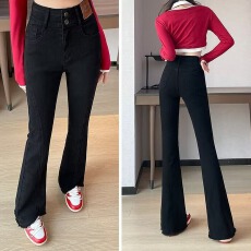 批发黑色微喇牛仔裤女小个子新款<b class='q'>秋</b>冬高腰修身马蹄女士长款喇叭裤