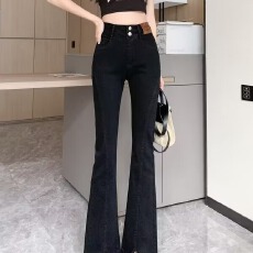 批发大码胖mm浅色开叉微喇牛仔裤女高腰显瘦设计感毛边喇叭裤子