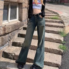 批发美式cleanfit水洗牛仔裤宽松直筒开叉复古裤子潮牌高街拖地长裤
