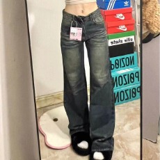 批发美式复古直筒牛仔裤女设计感ins小个子高腰百搭宽松显瘦阔腿长裤