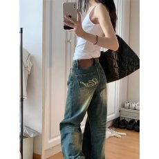 批发美式高街做旧直筒牛仔裤女小个子梨形微胖高腰显瘦宽松阔腿拖地裤