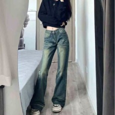 批发美式复古微喇牛仔裤女春<b class='q'>秋</b>新款高腰直筒喇叭裤小个子阔腿长裤
