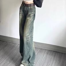批发水洗做旧微喇牛仔裤女春<b class='q'>秋</b>季新款复古高腰直筒宽松拖地长裤子