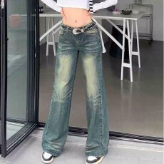 批发美式复古vibe做旧黄泥染水洗牛仔裤女潮ins直筒微喇cleanfit裤子