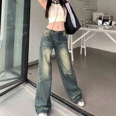 批发水泥色高腰微喇叭牛仔<b class='q'>裤</b>女复古显瘦设计感<b class='q'>弹力</b>修身垂坠感微辣<b class='q'>裤</b>夏