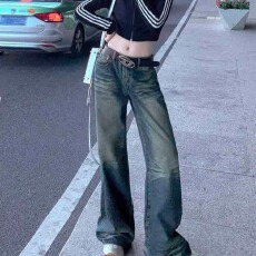 批发水洗做旧微喇牛仔裤女春<b class='q'>秋</b>季新款复古低腰直筒宽松拖地长裤子