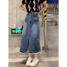 批发复古高腰<b class='q'>牛仔</b>半身裙女春夏新款显瘦a字中长款开叉<b class='q'>包臀裙</b>子