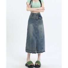 批发美式复古毛边<b class='q'>牛仔</b>半身裙女中长款春秋新款高腰设计感a字<b class='q'>包臀裙</b>子