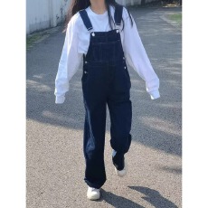 批发美式复古牛仔<b class='q'>背带裤</b>女夏季新款宽松小个子高腰显瘦减龄阔腿拖地裤